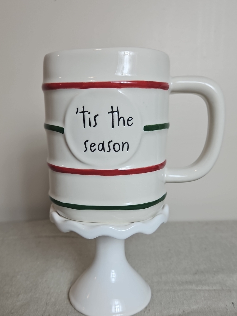 Rae Dunn White Mug with Red and Green Holiday Stripes